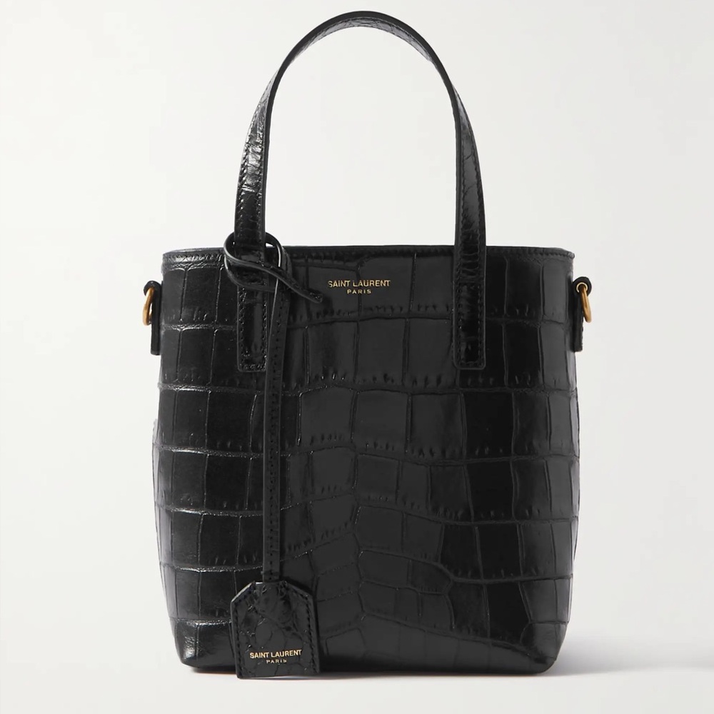Saint Laurent Black Mini Croc Tote Bag